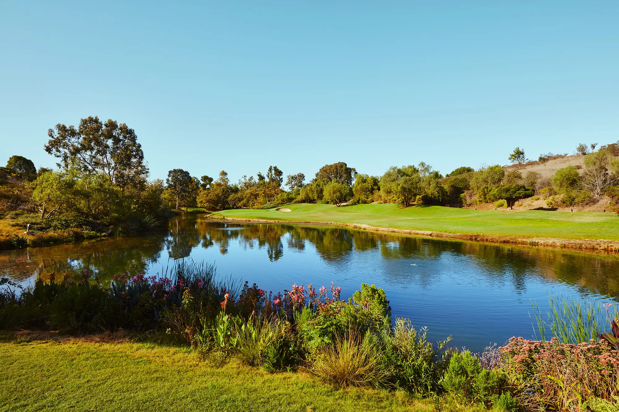 Pond and green fairway with trees and a hillside under a clear blue sky at The Grand Golf Club