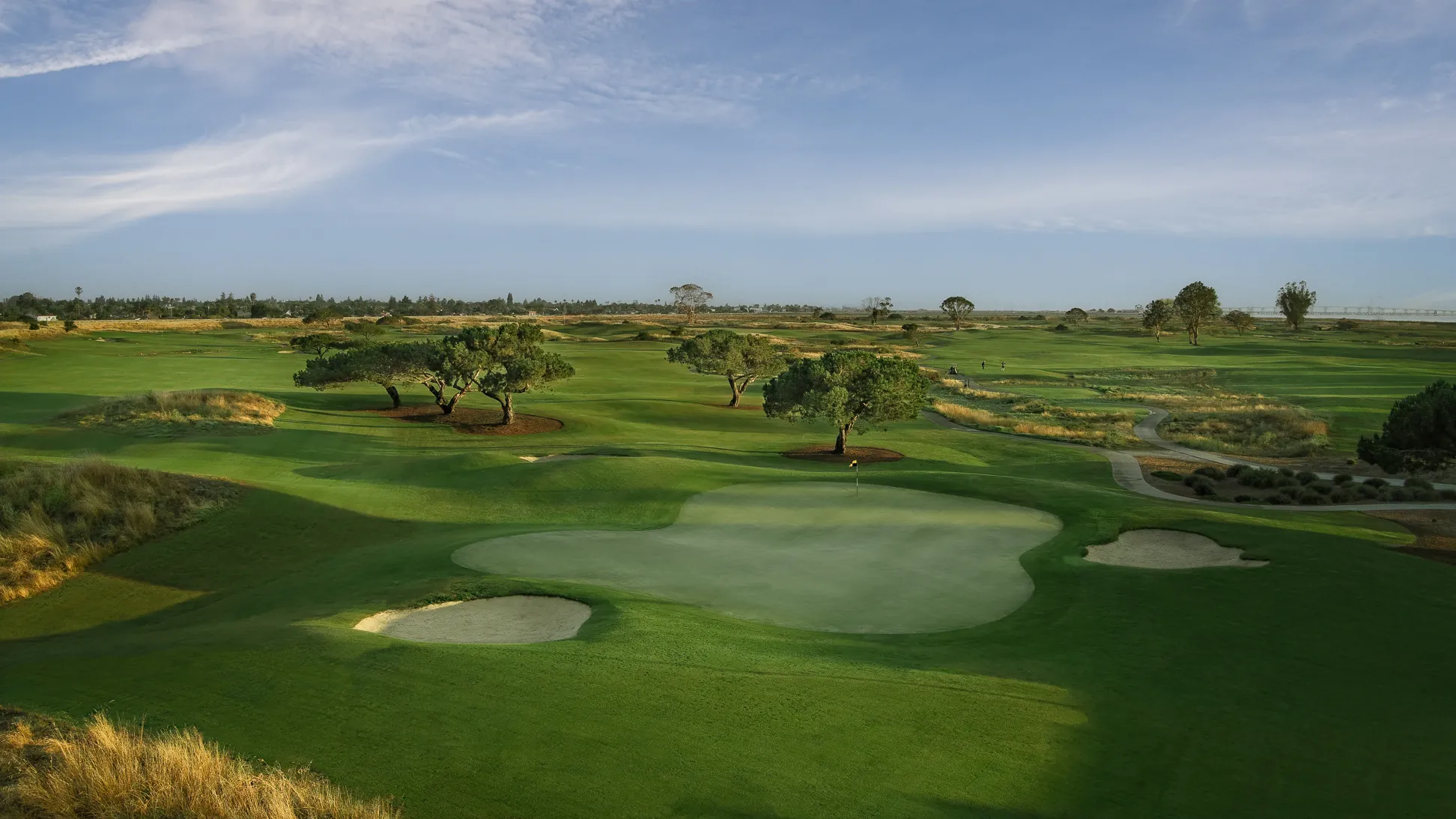 Aerial view of two greens, bunkers and fairways among trees and native grass at Baylands Golf Links, Palo Alto.